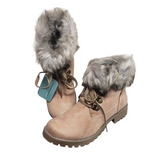 Cliffs Paddington Natural Tan Faux Fur Lace Up Ankle Combat Boots Sz 8